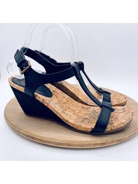 G H Bass Sunjuns Sandals 9 Black Leather Ankle Strap Wedge Peep Cork Boho